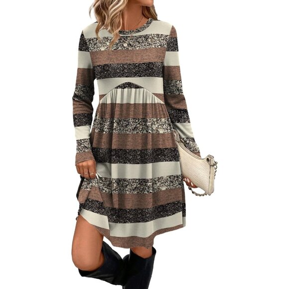 Ofeefan Dresses & Skirts - Ofeefan Women Brown Stripe Crew Neck Long Sleeve Empire Waist Dress with Pockets